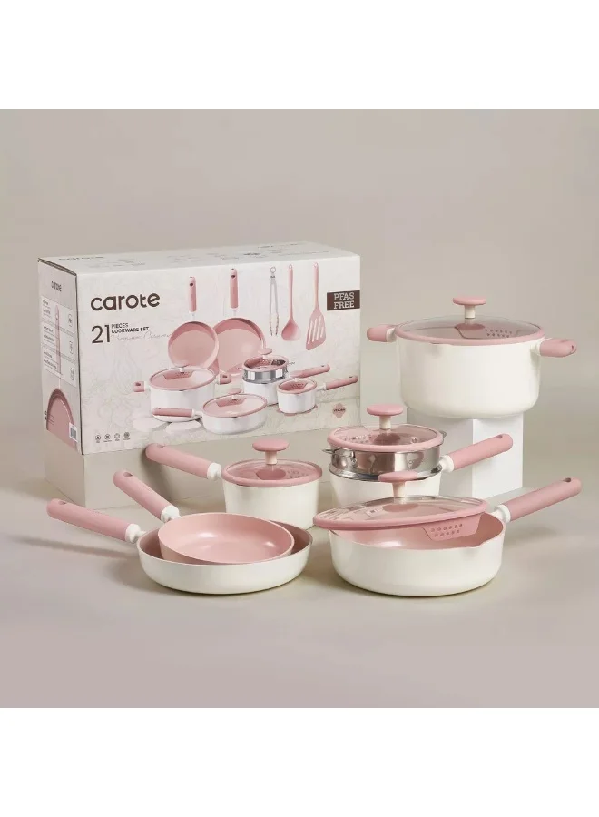 CAROTE Carote 21-Piece Ceramic Nonstick Cookware Set, PFAS-Free Healthy Cooking Set, Dual-size Silicone Strainer Lids, Full-Spray Even-Heat Base, All Kitchen Stovetop Compatible, Dishwasher Safe (Pink)